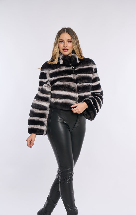 Haina blana de Rex Chinchilla, maneca lunga, alb-negru