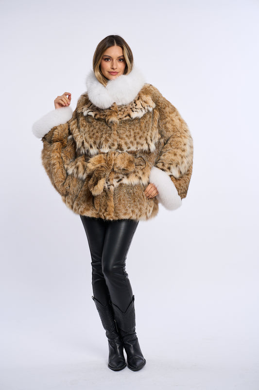 Haina blana de linx cu guler si mansate din vulpe