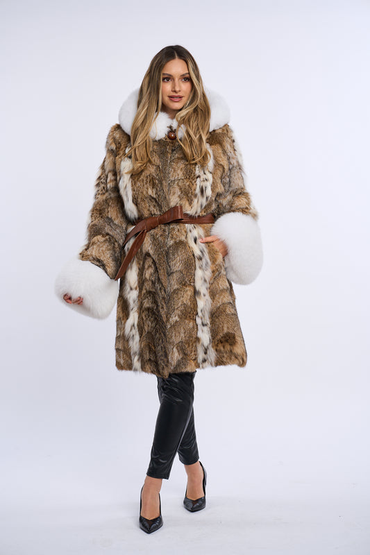 Haina blana de linx  lunga cu gluga si blana de vulpe