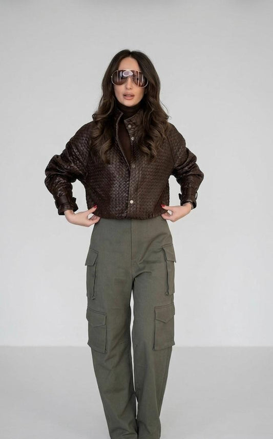 Geaca piele BT, model impletit, BROWN