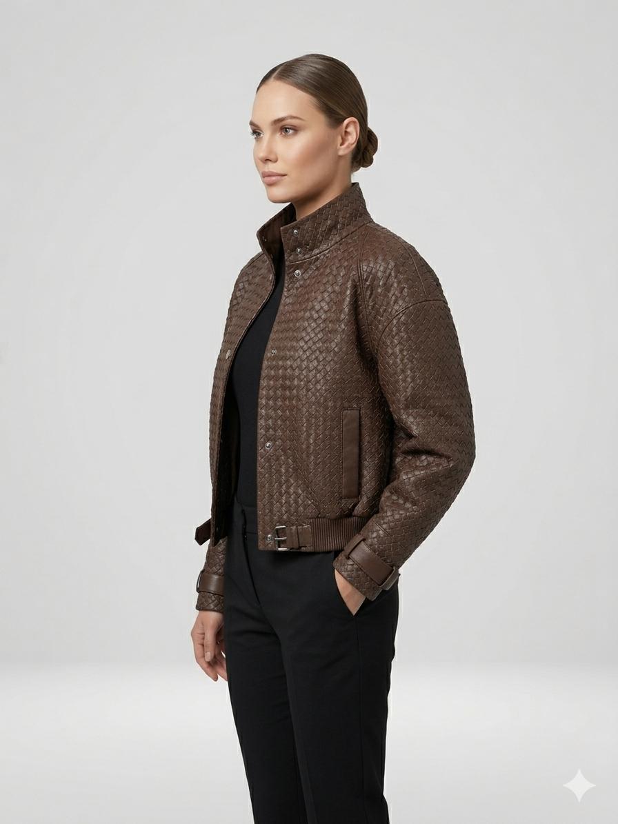 Geaca piele BT, model impletit, BROWN