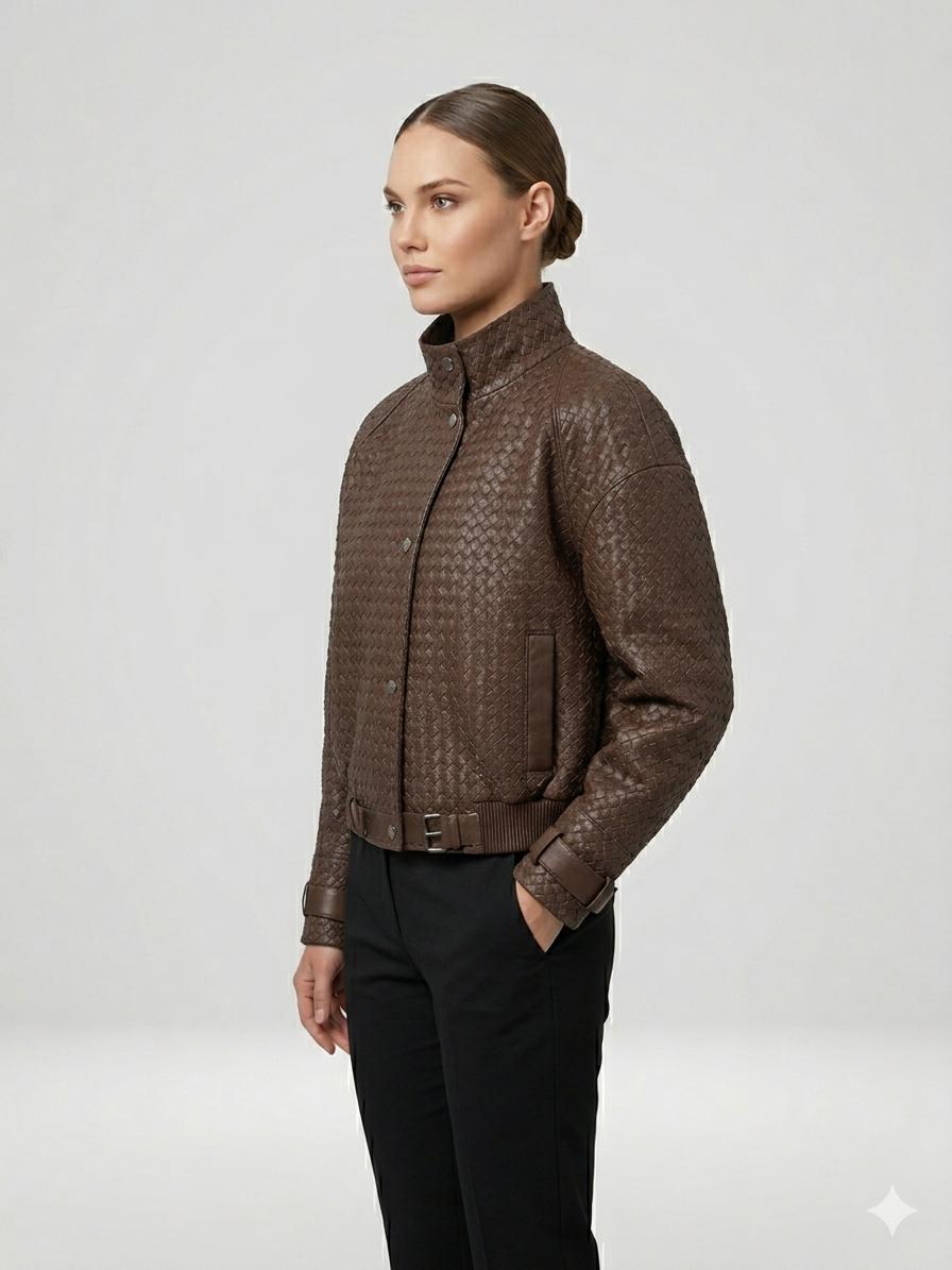Geaca piele BT, model impletit, BROWN