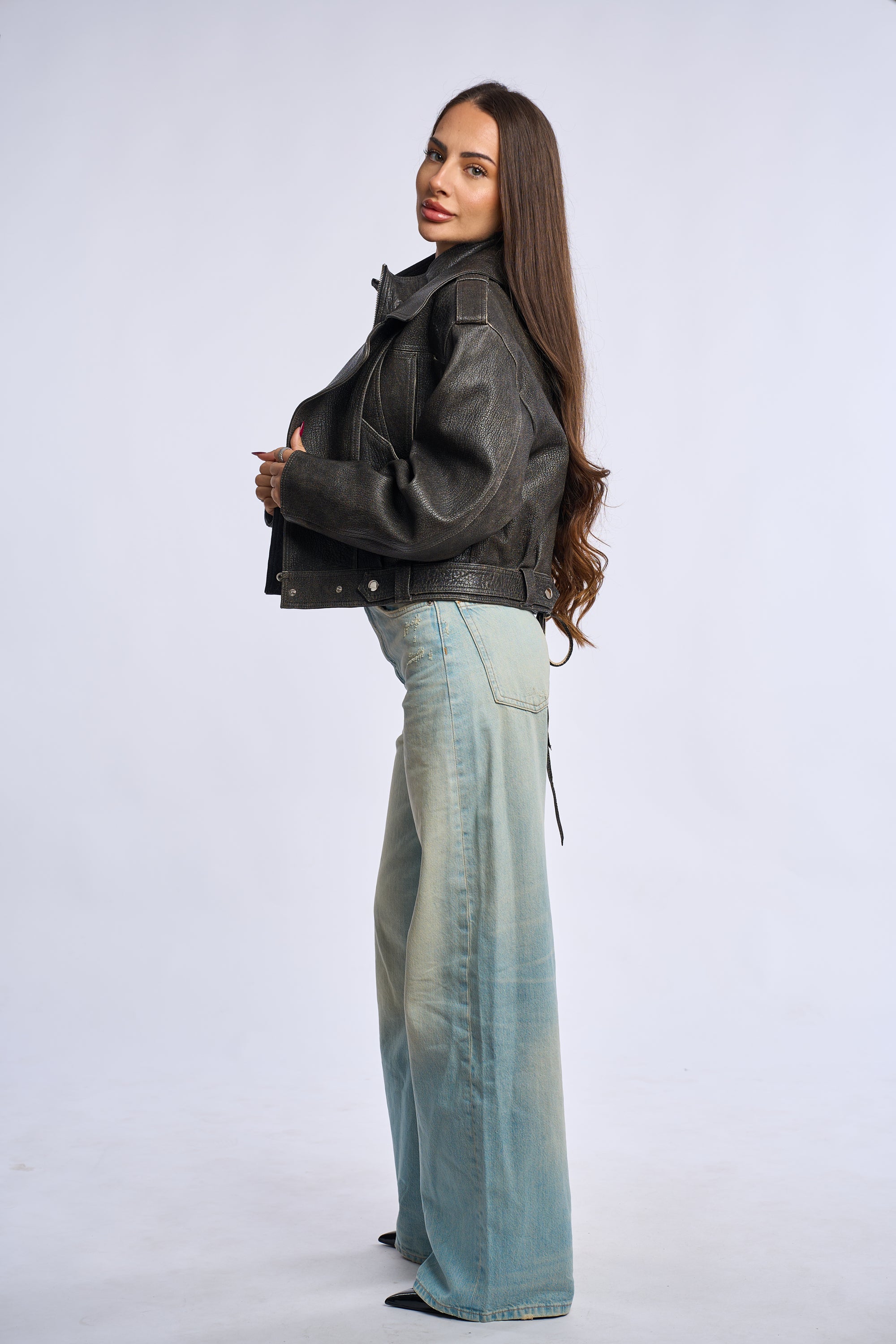 Geaca din piele naturala, gri vintage, Th