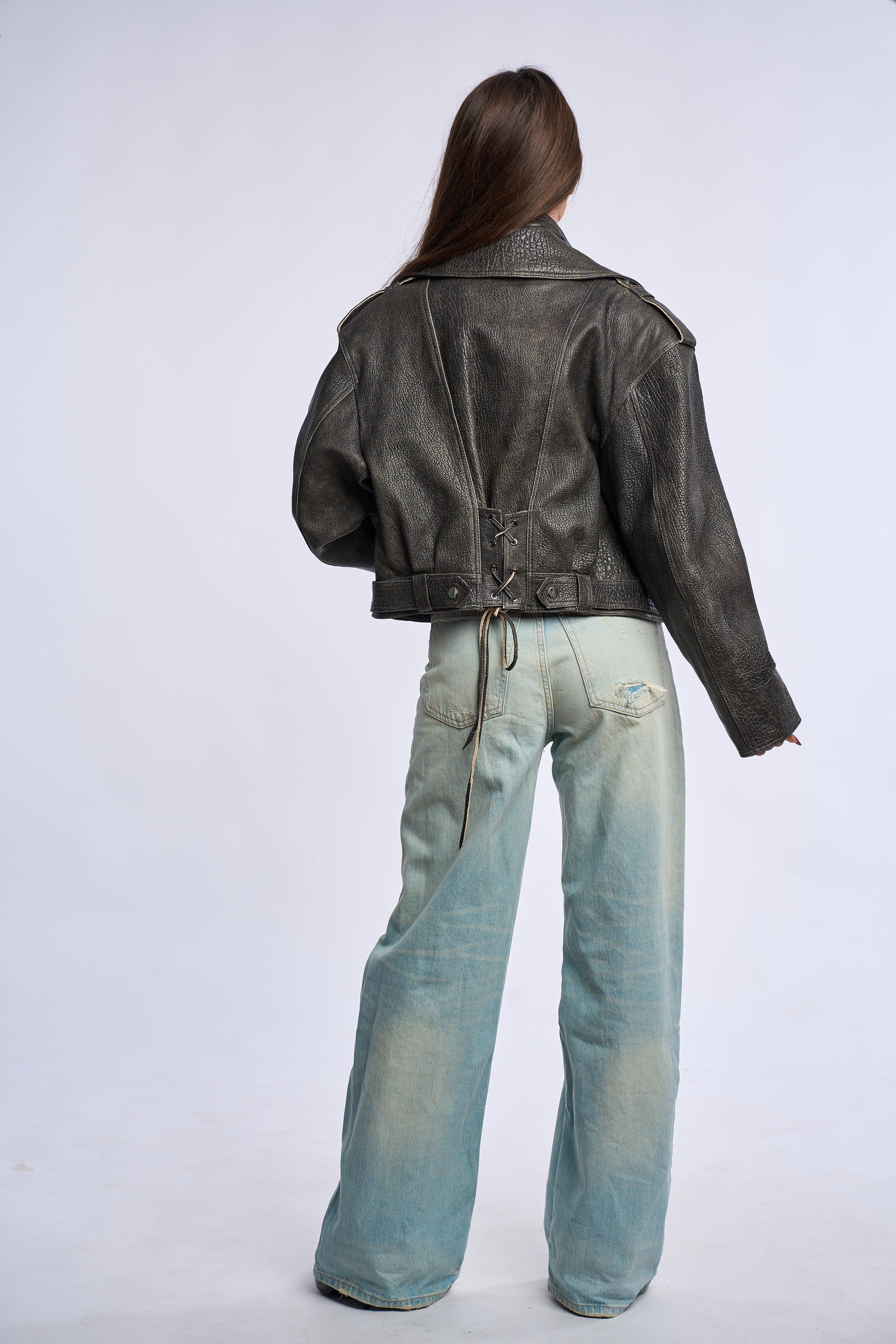 Geaca din piele naturala, gri vintage, Th