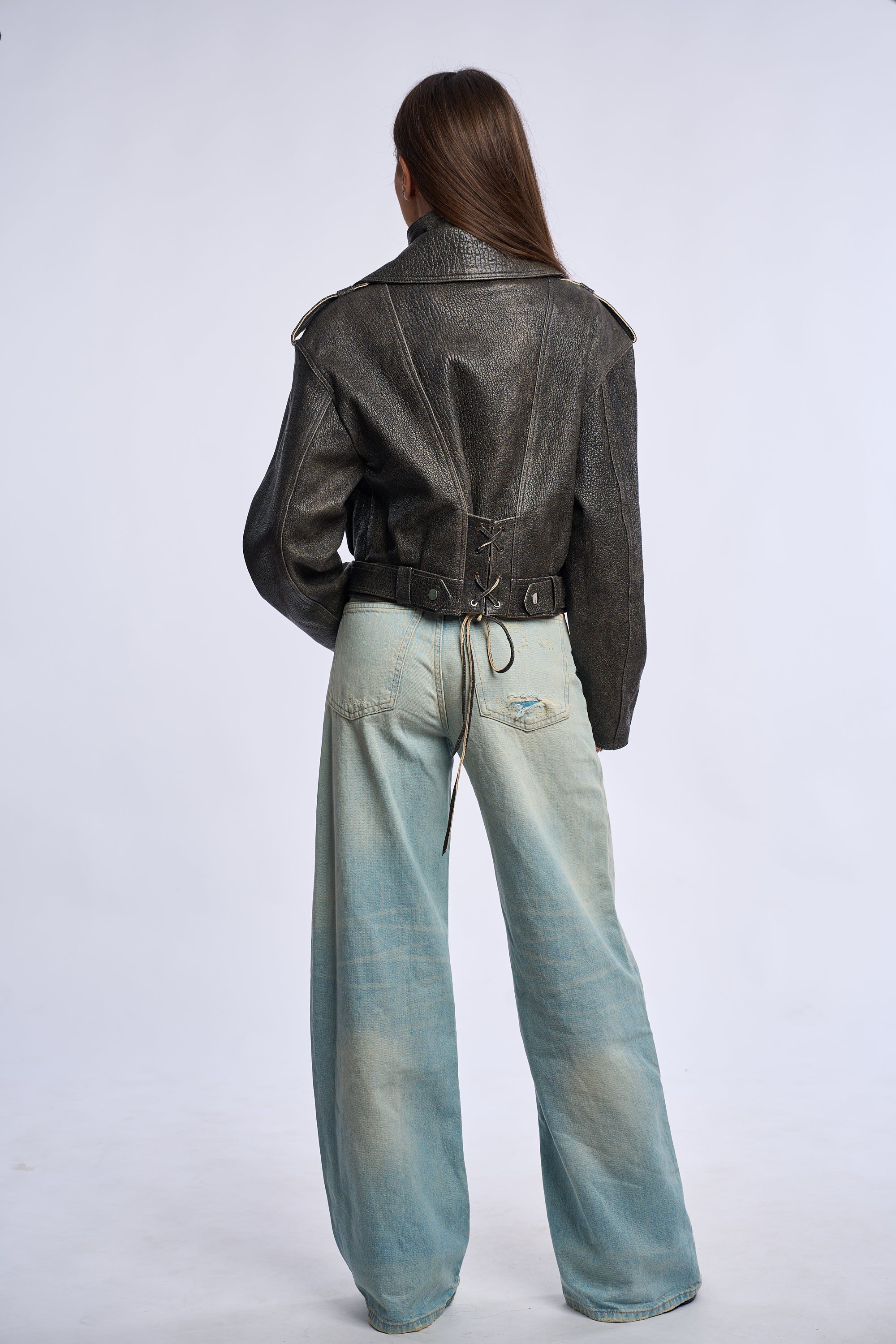 Geaca din piele naturala, gri vintage, Th