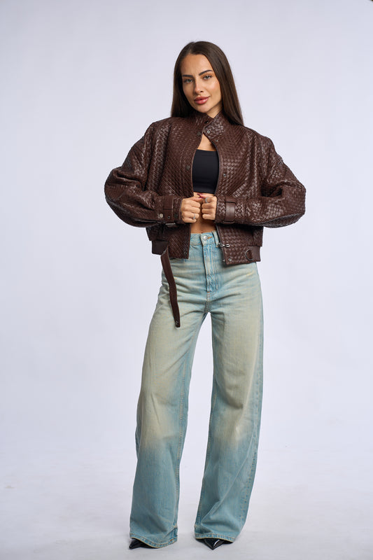 Geaca piele BT, model impletit, BROWN