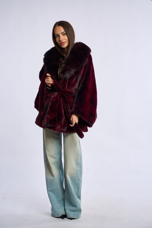 Palton alcantara stil fluture cu blana de vulpe, bordo