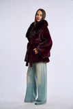 Palton alcantara stil fluture cu blana de vulpe, bordo