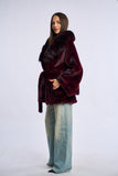 Palton alcantara stil fluture cu blana de vulpe, bordo