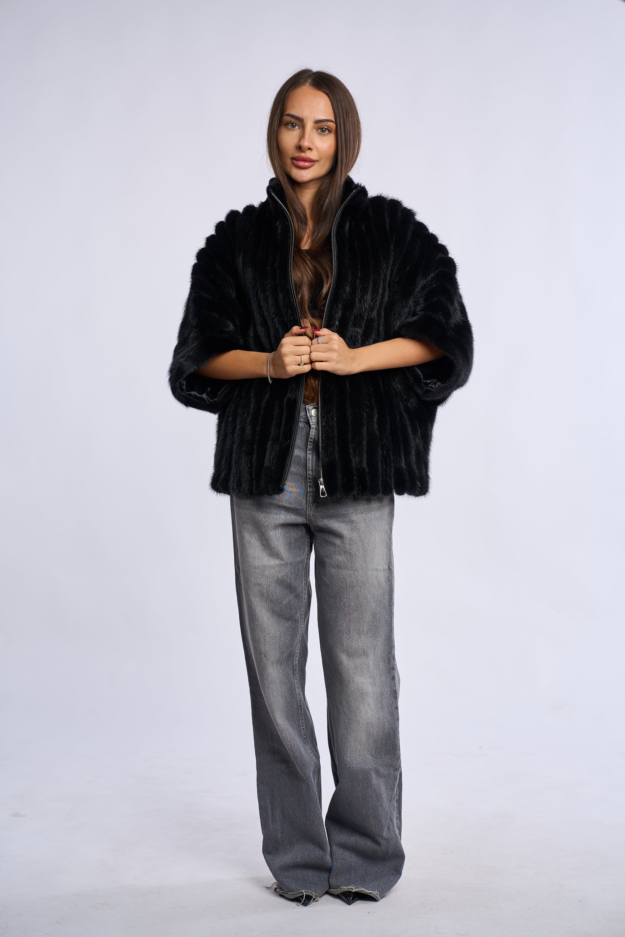 Poncho blana vizon Krz, negru