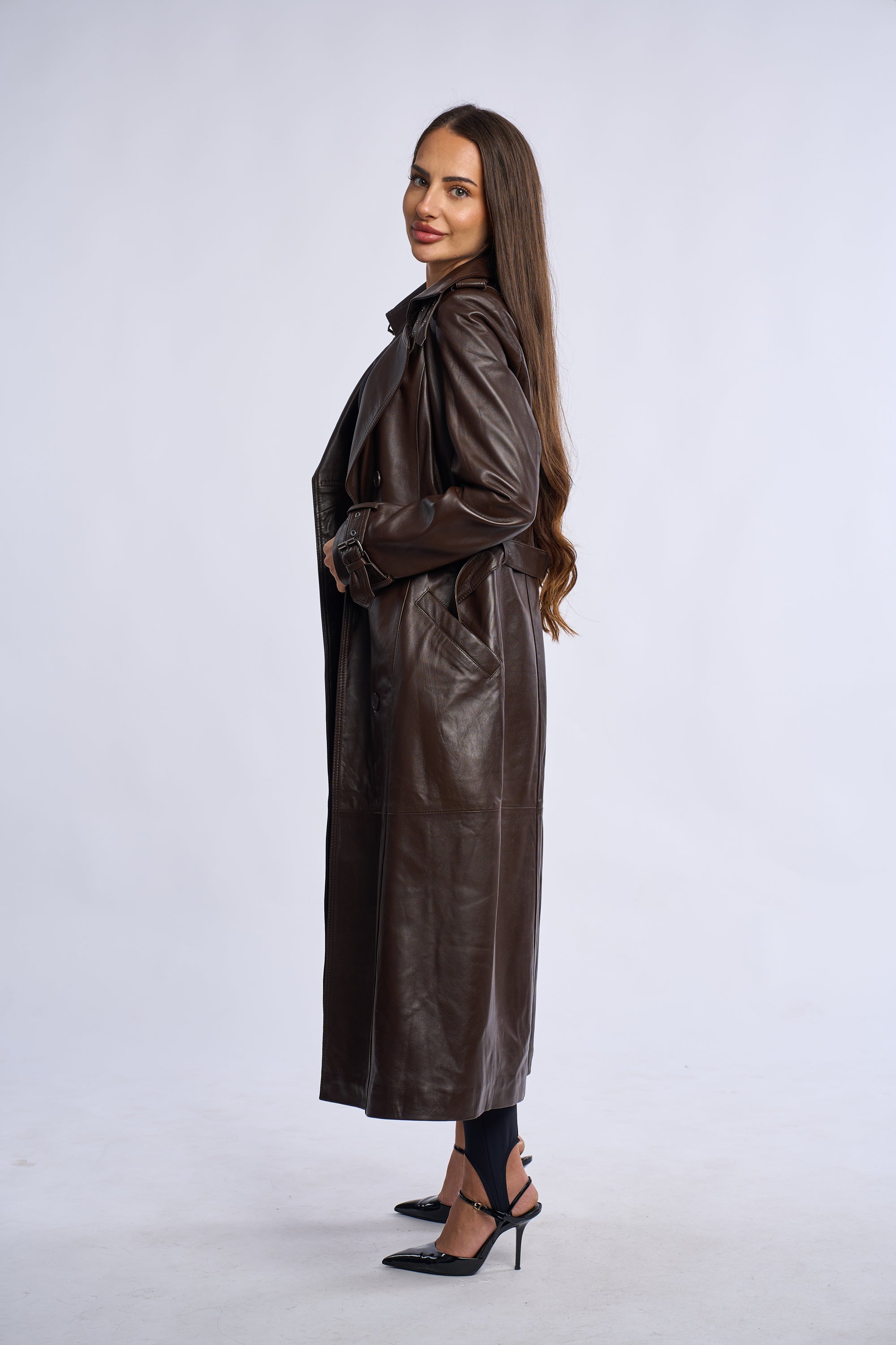 Geaca din piele, trench piele maro inchis