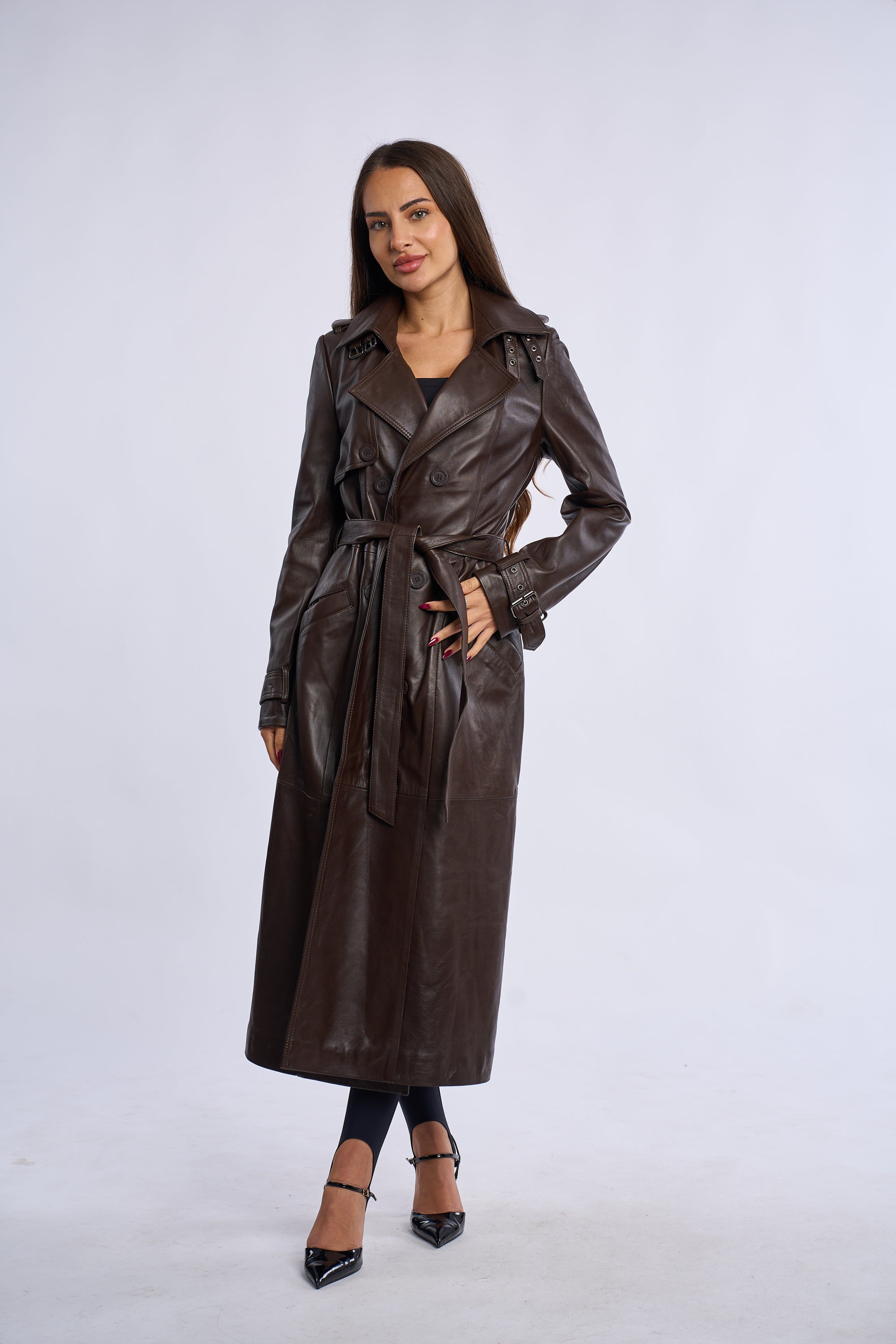 Geaca din piele, trench piele maro inchis