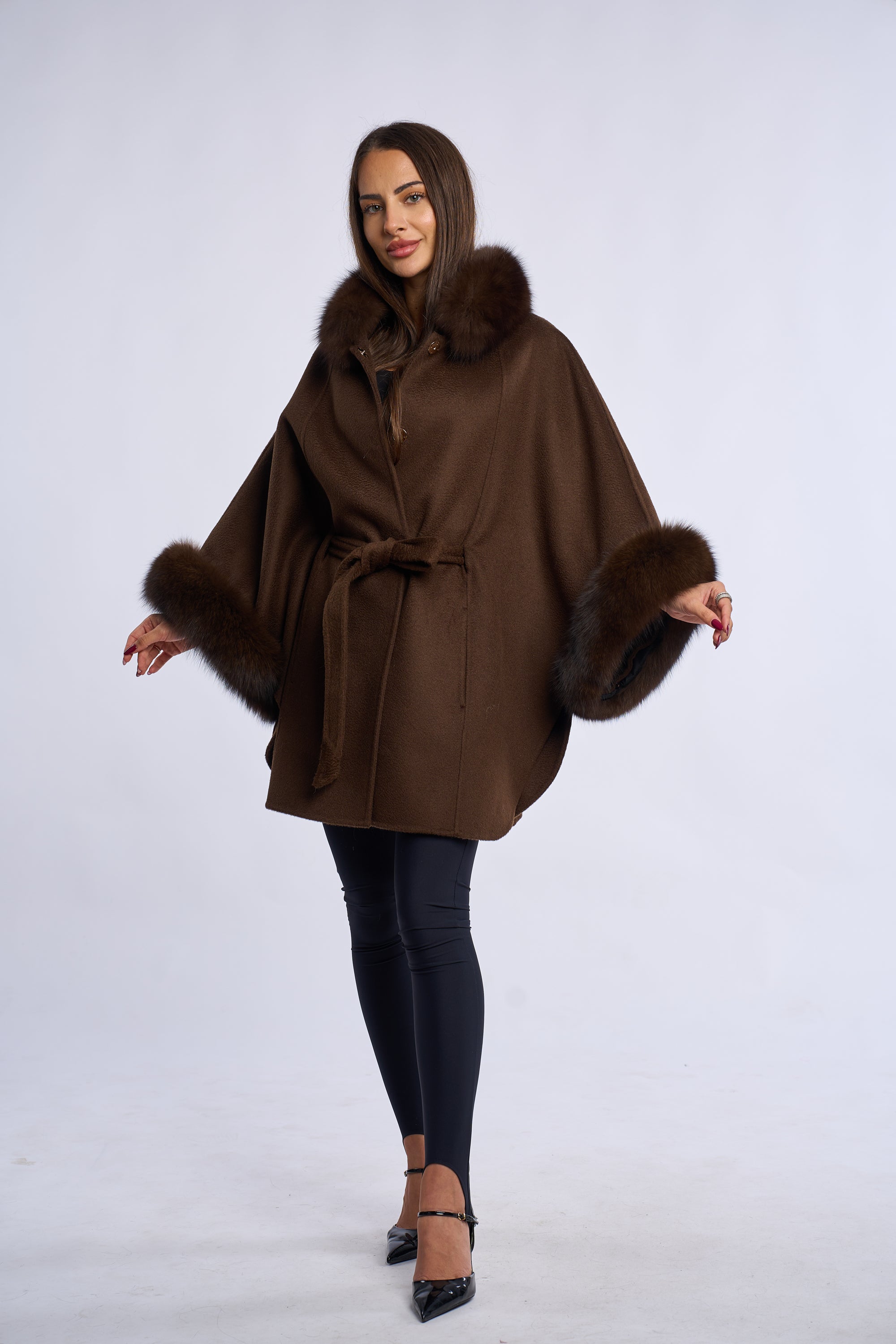 Palton lana de mernos cu blana de vulpe, dark brown