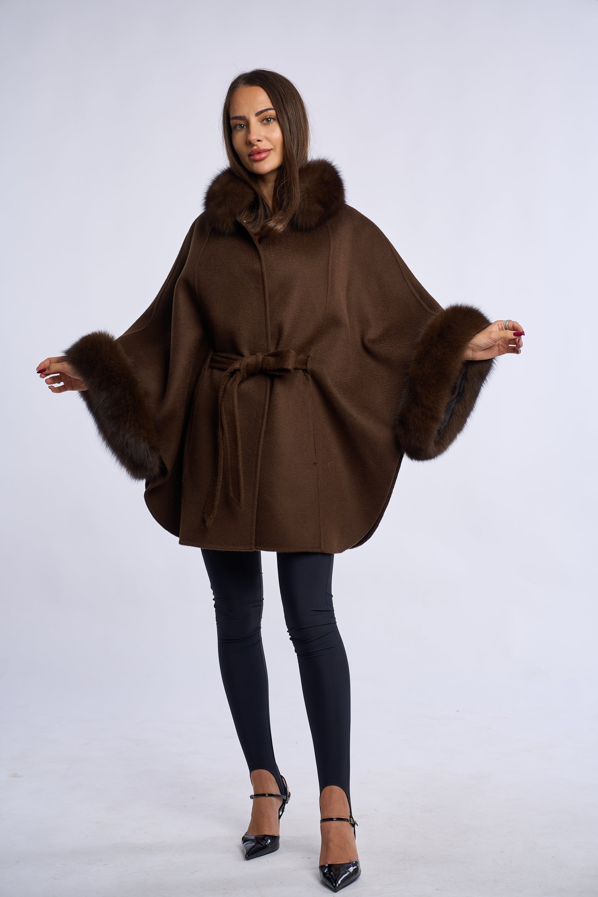 Palton lana de mernos cu blana de vulpe, dark brown