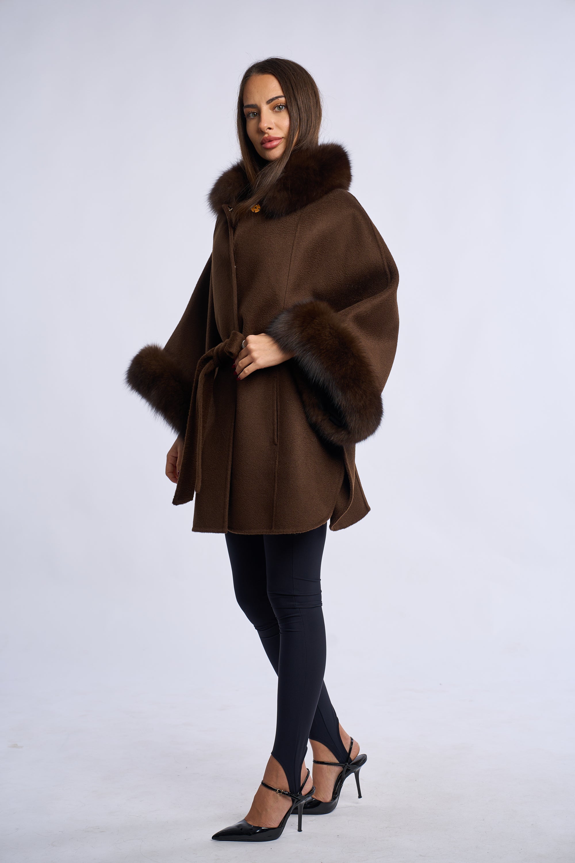 Palton lana de mernos cu blana de vulpe, dark brown