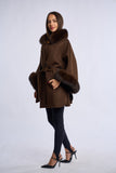 Palton lana de mernos cu blana de vulpe, dark brown