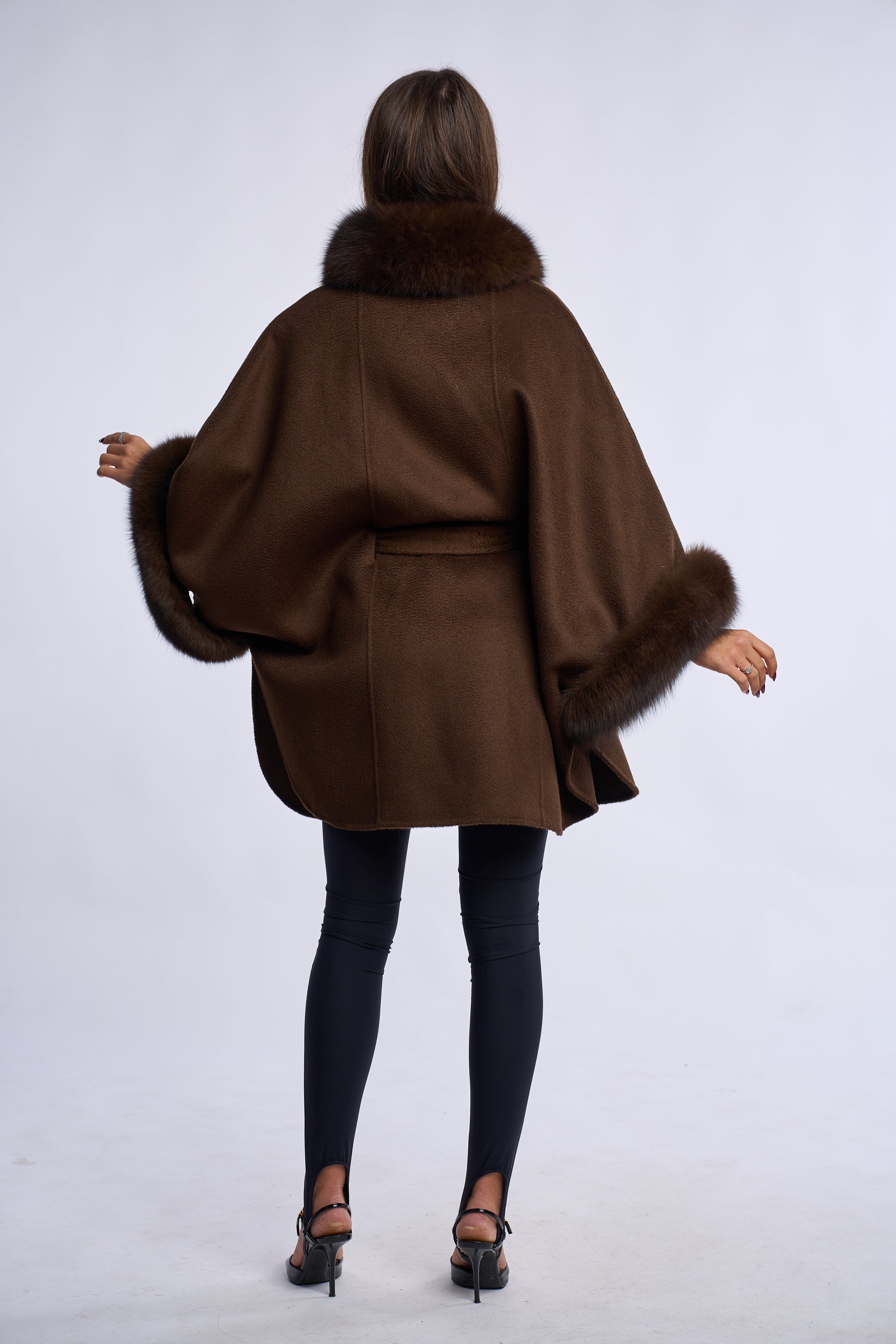 Palton lana de mernos cu blana de vulpe, dark brown
