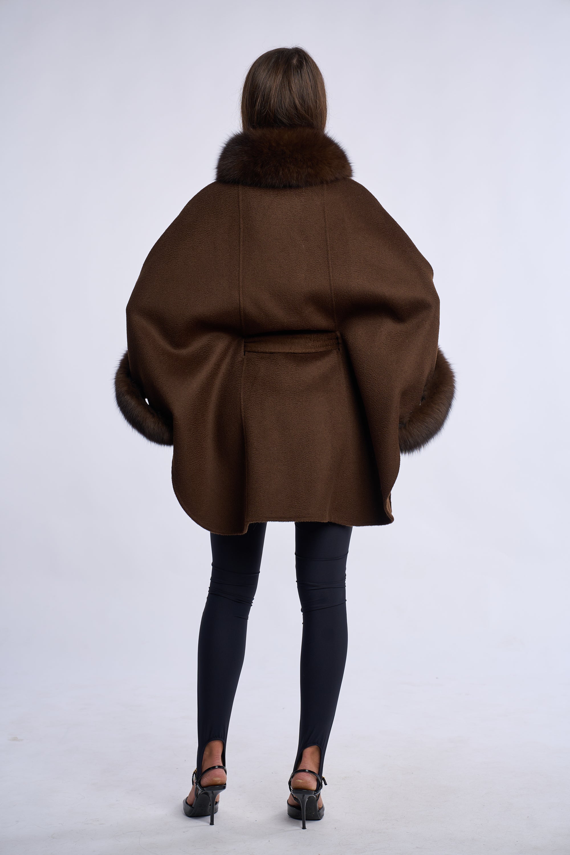 Palton lana de mernos cu blana de vulpe, dark brown