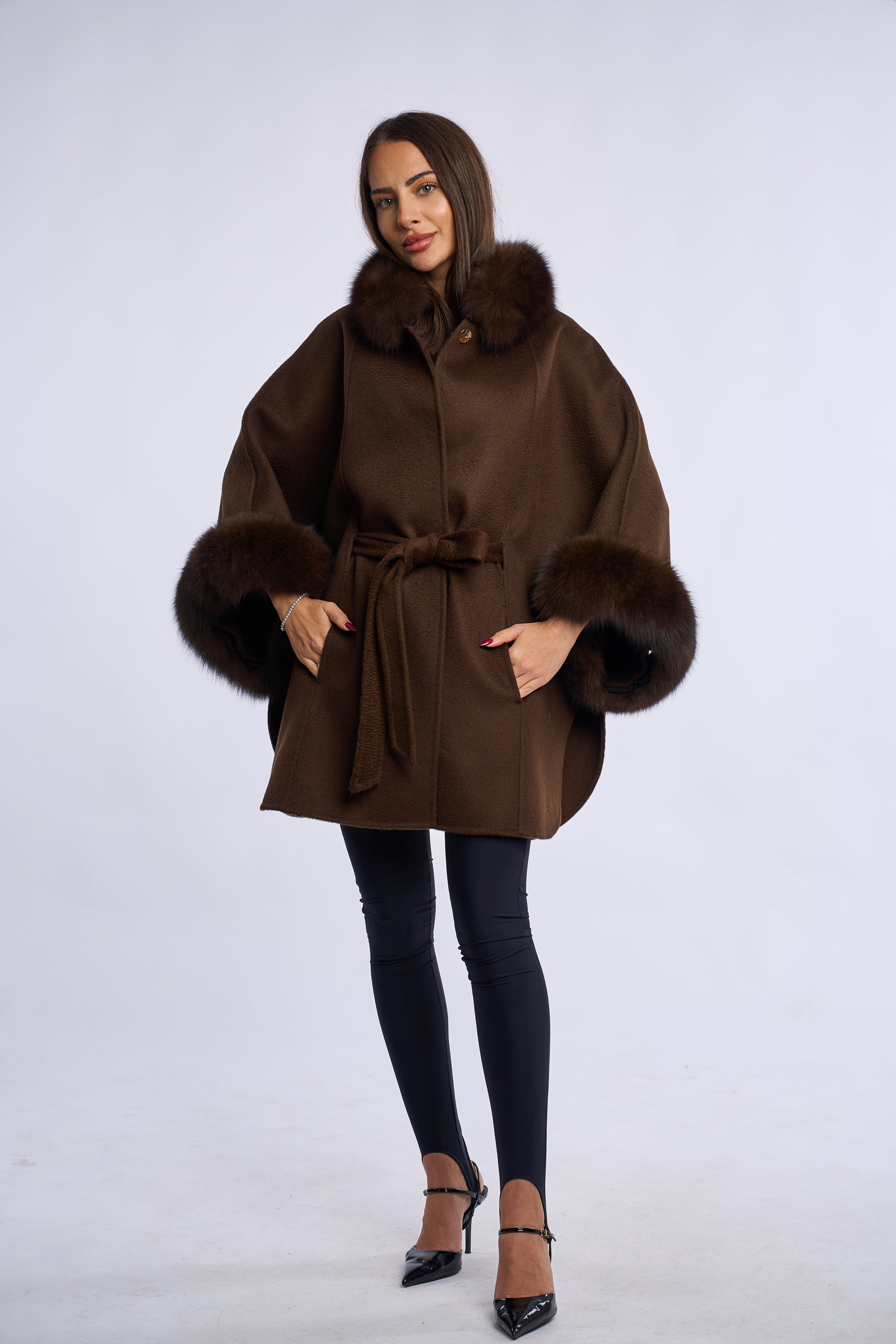 Palton lana de mernos cu blana de vulpe, dark brown