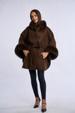 Palton lana de mernos cu blana de vulpe, dark brown