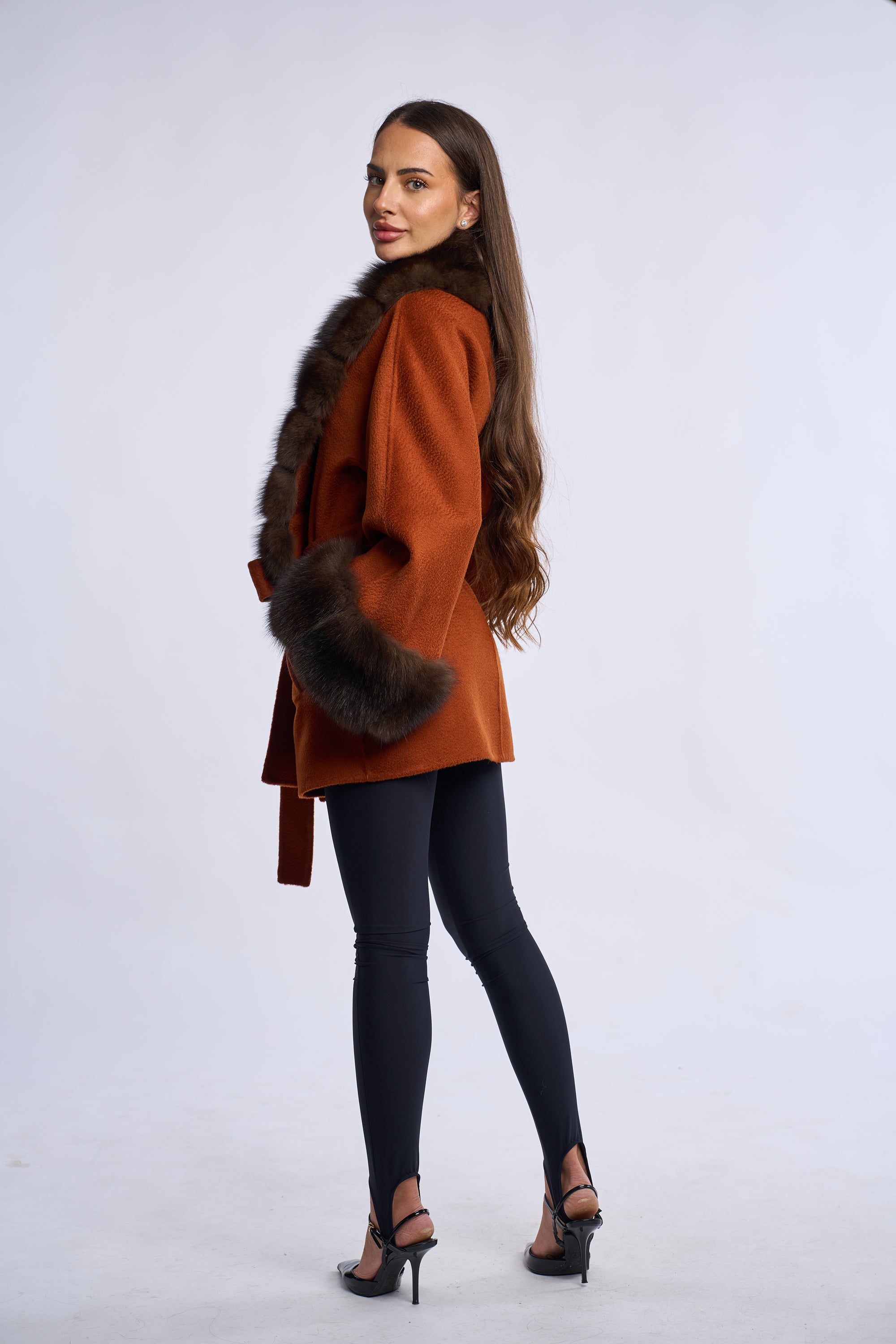 Palton lana merinos cu blana de vulpe sobol, orange