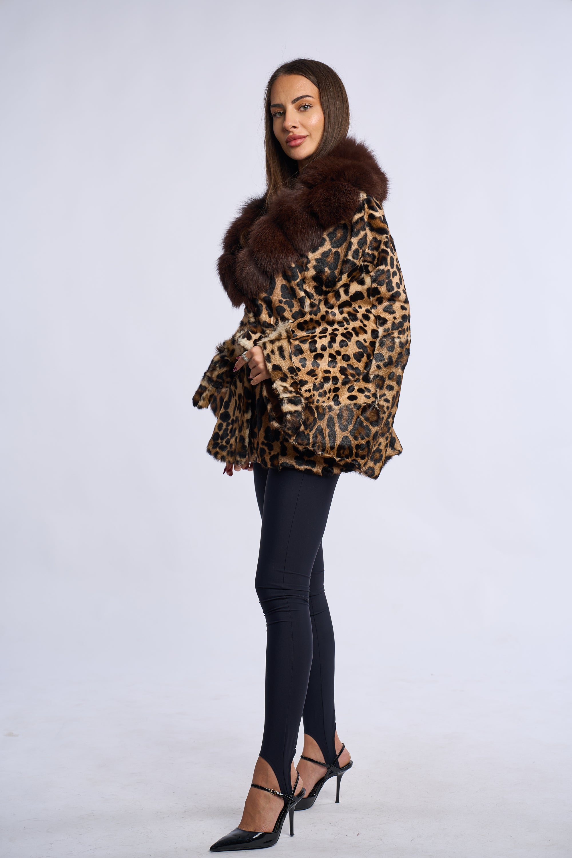 Haina de miel model fluture cu guler  de vulpe, imprimeu leopard