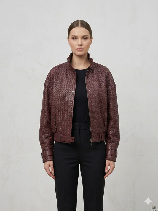 Geaca piele BT, model impletit , BORDO