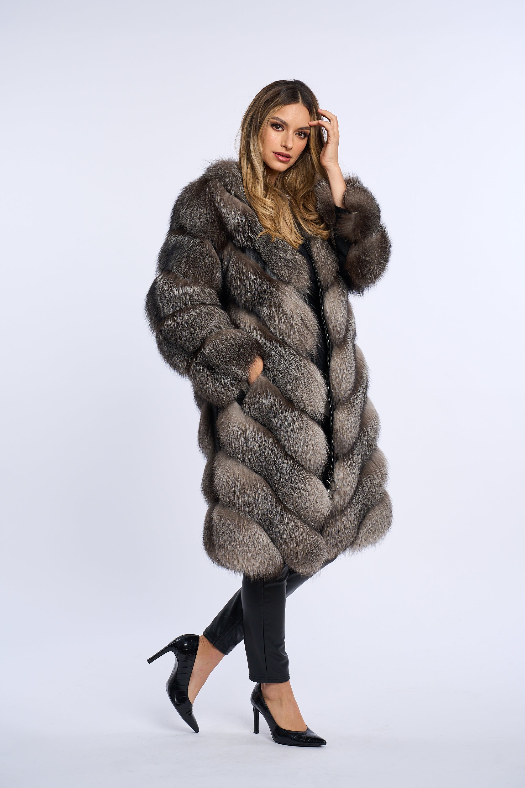 Haina din blana naturala de vulpe argintie, Zipper