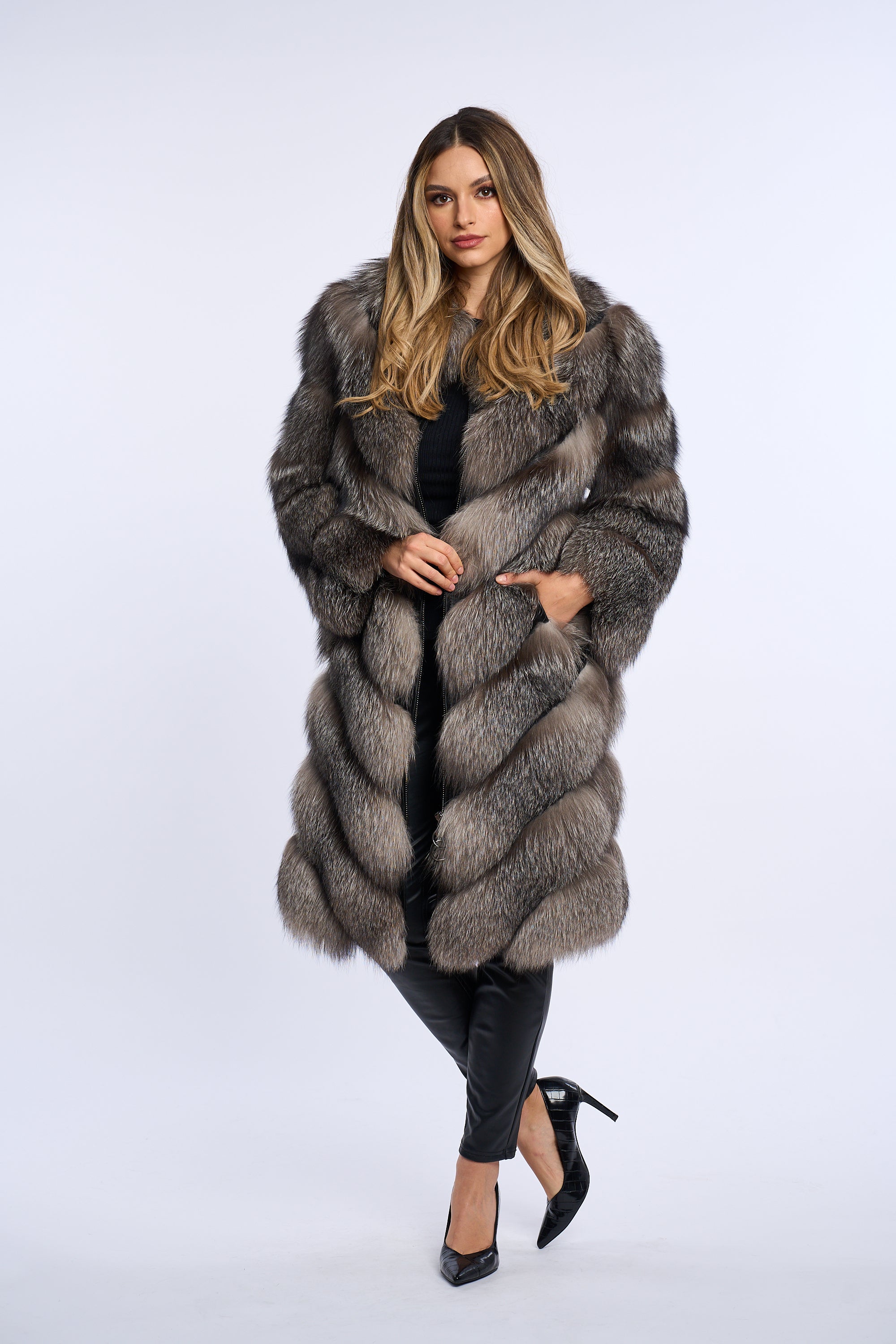 Haina din blana naturala de vulpe argintie, Zipper