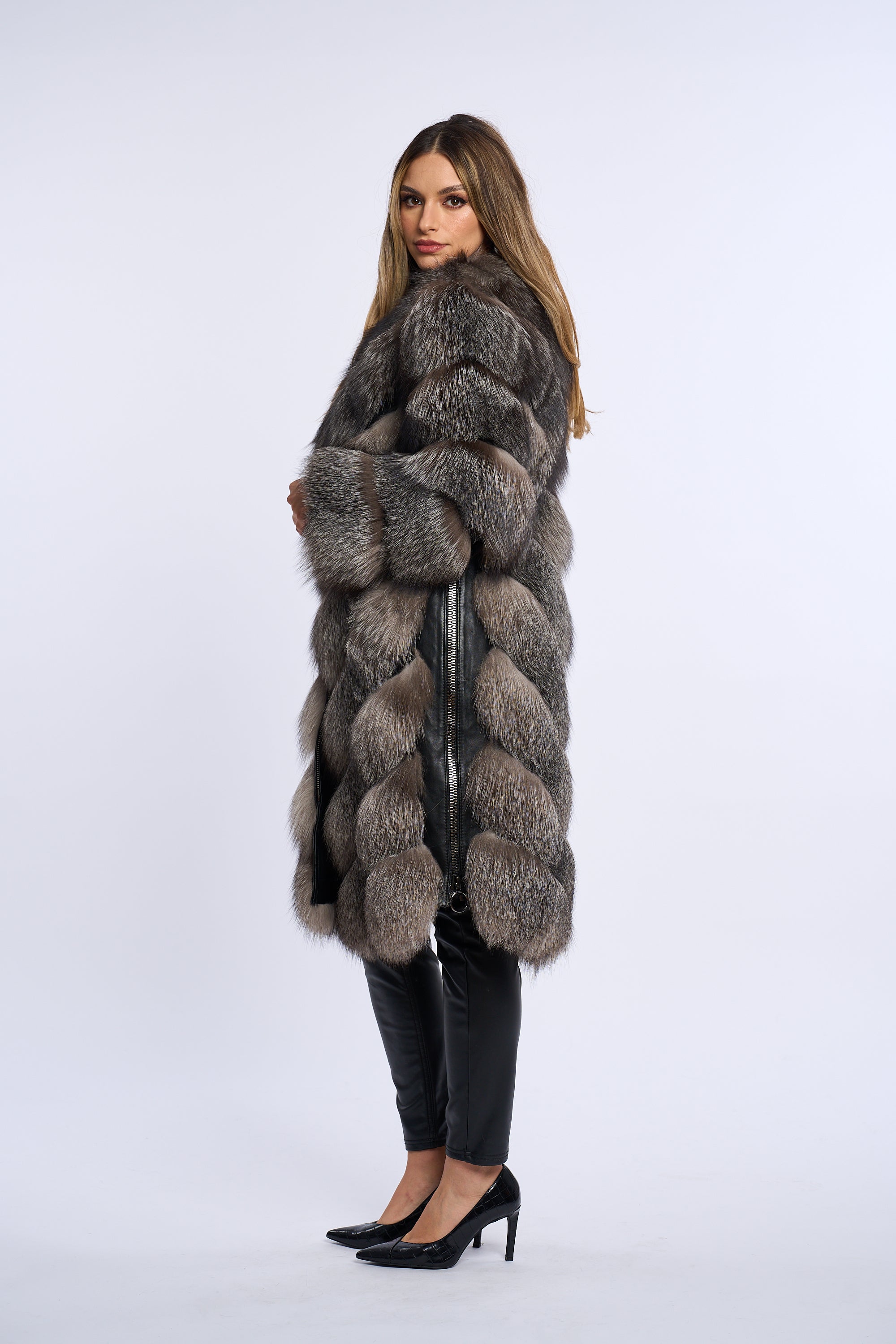 Haina din blana naturala de vulpe argintie, Zipper