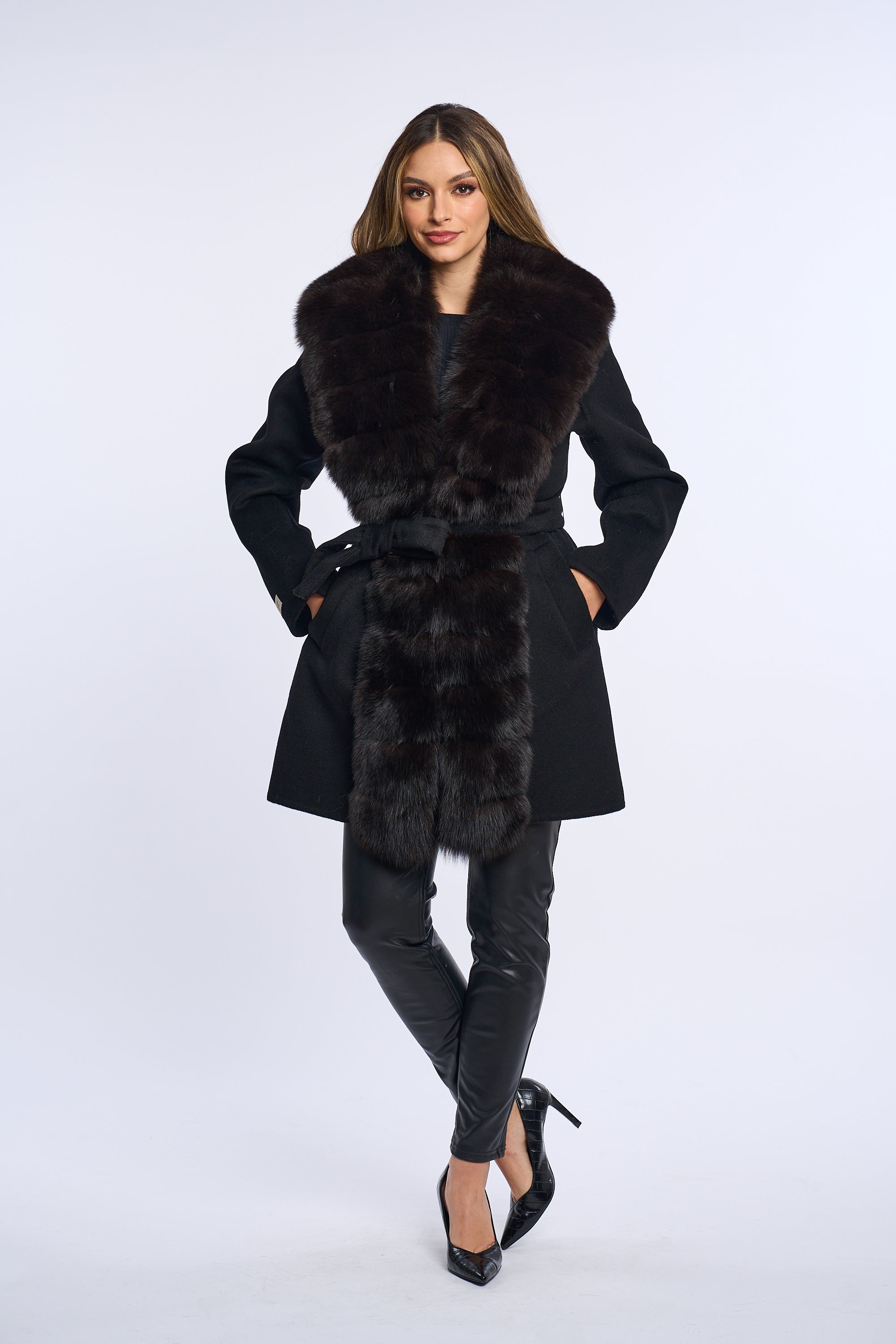 Palton lana cu blana naturala de vulpe dark, Negru