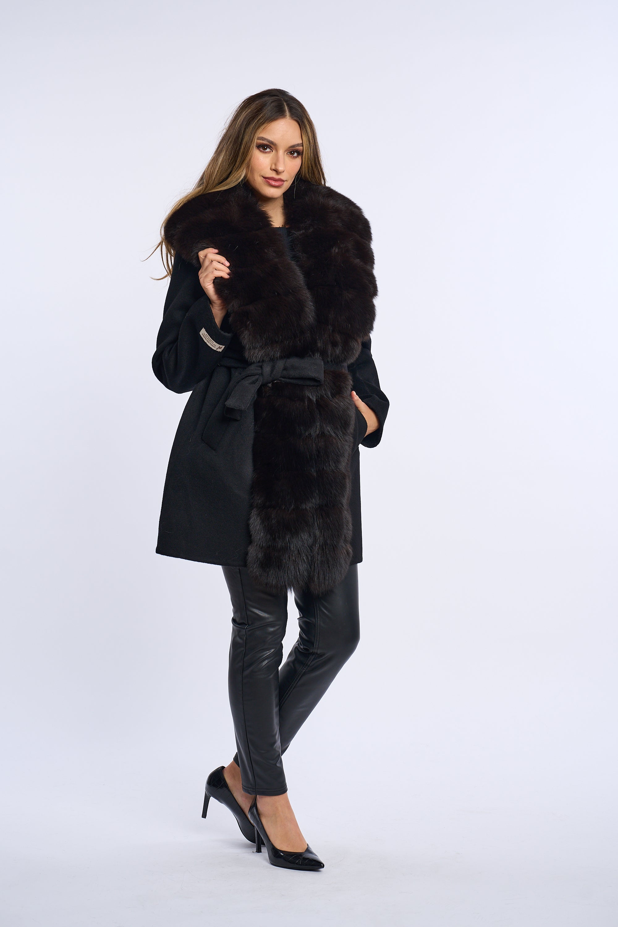 Palton lana cu blana naturala de vulpe dark, Negru