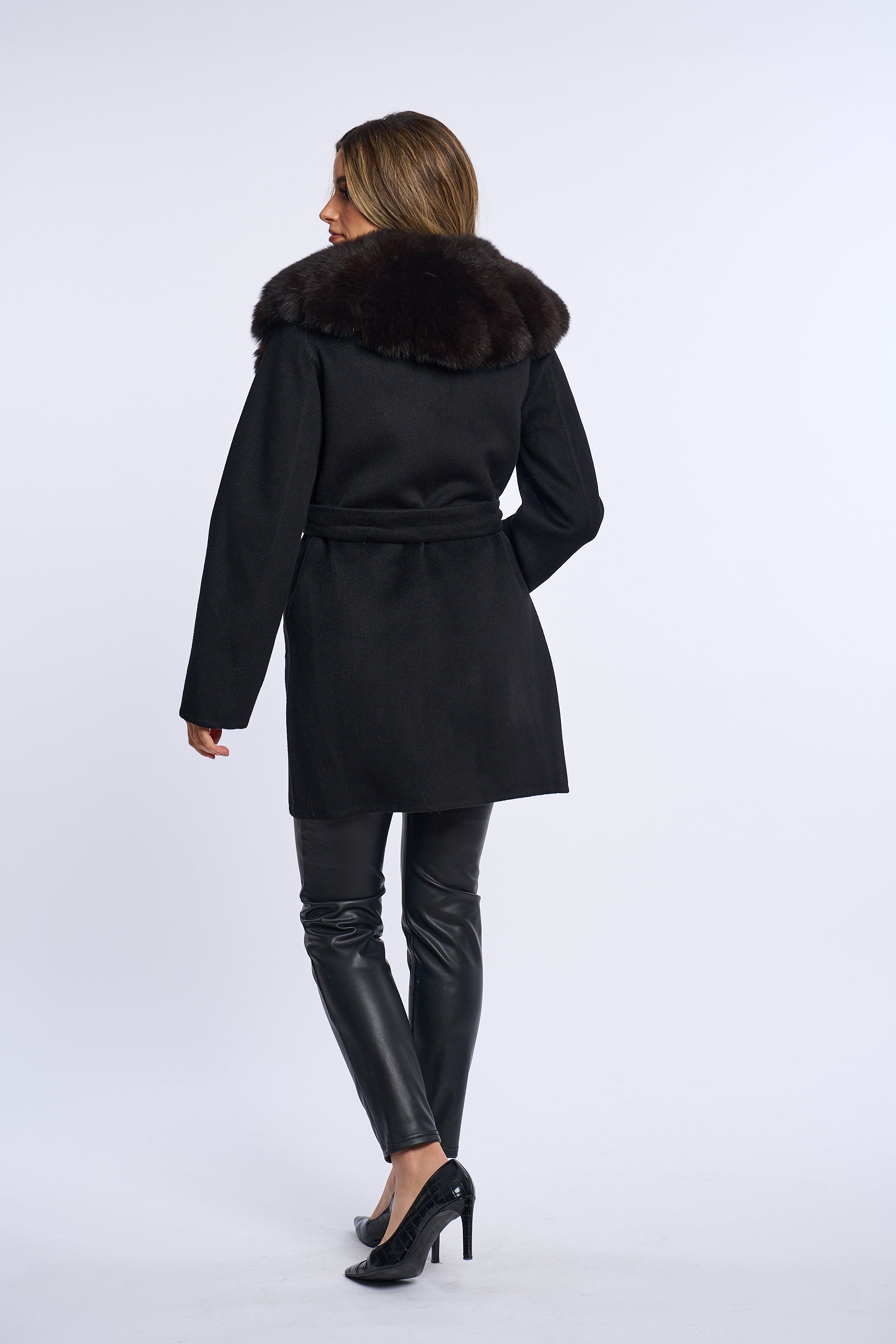 Palton lana cu blana naturala de vulpe dark, Negru