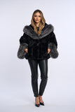 Haina blana naturala de vizon neagra, stil fluture cu vulpe