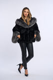 Haina blana naturala de vizon neagra, stil fluture cu vulpe