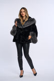 Haina blana naturala de vizon neagra, stil fluture cu vulpe