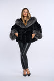 Haina blana naturala de vizon neagra, stil fluture cu vulpe
