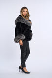 Haina blana naturala de vizon neagra, stil fluture cu vulpe