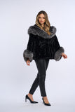 Haina blana naturala de vizon neagra, stil fluture cu vulpe