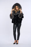 Haina blana naturala de vizon neagra, stil fluture cu vulpe