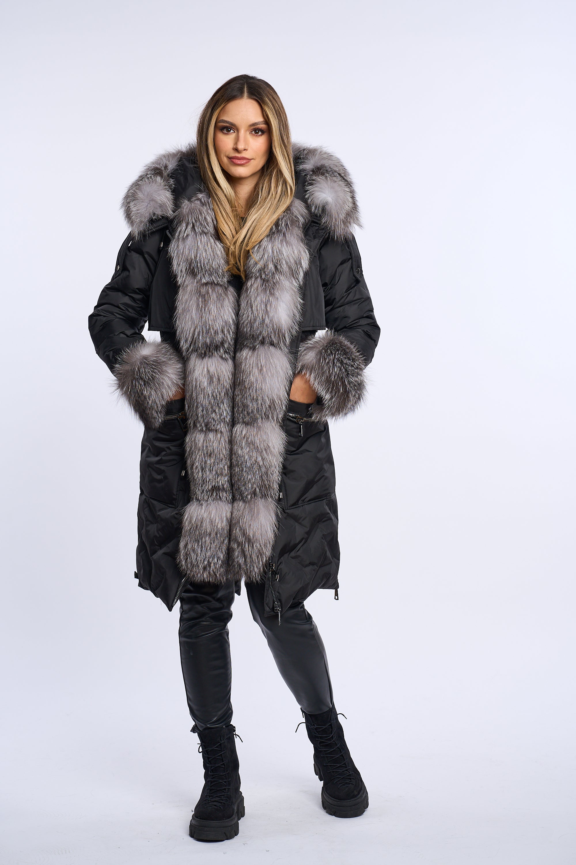 Geaca fas mat , parka lunga cu blana naturala de vulpe argintie