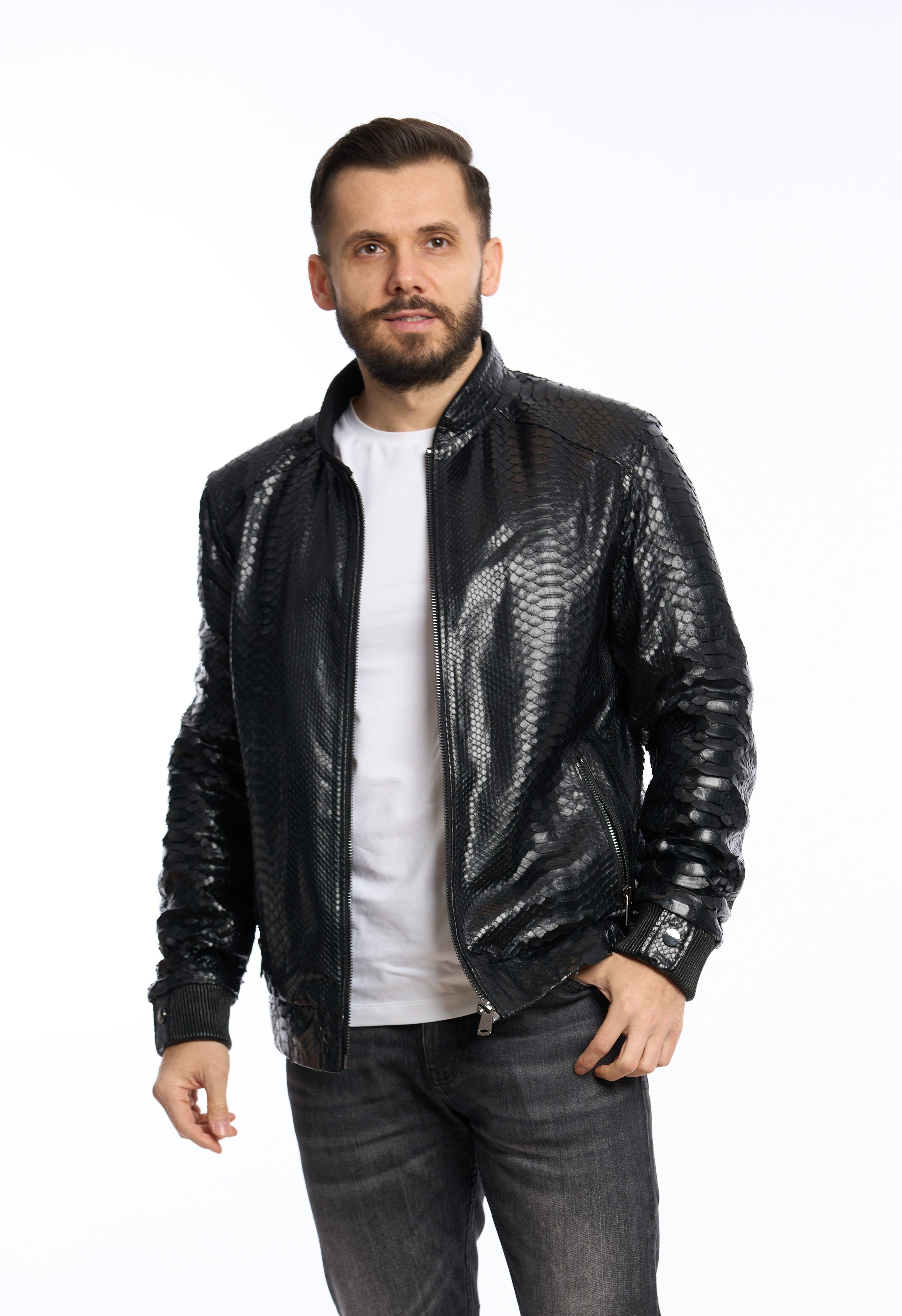 Geaca din piele naturala pentru barbati, bomber full piton