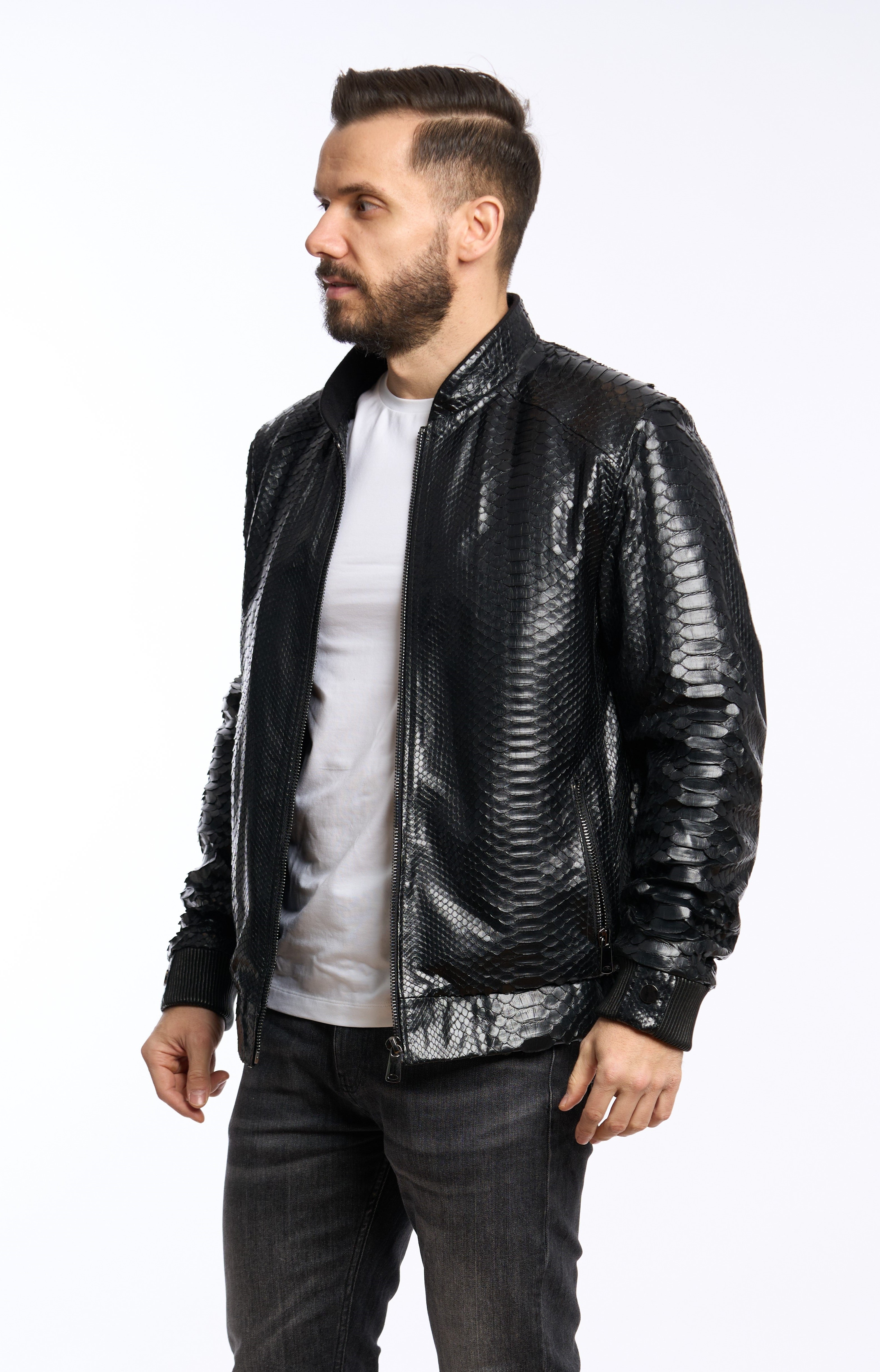 Geaca din piele naturala pentru barbati, bomber full piton
