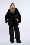 Palton alcantara stil fluture cu blana de vulpe, negru cu vulpe neagra