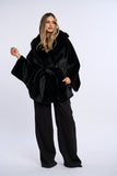 Palton alcantara stil fluture cu blana de vulpe, negru cu vulpe neagra