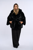 Palton alcantara stil fluture cu blana de vulpe, negru cu vulpe neagra