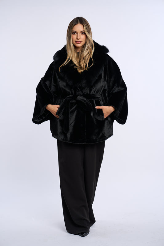 Palton alcantara stil fluture cu blana de vulpe, negru cu vulpe neagra