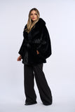 Palton alcantara stil fluture cu blana de vulpe, negru cu vulpe neagra