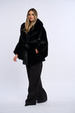 Palton alcantara stil fluture cu blana de vulpe, negru cu vulpe neagra