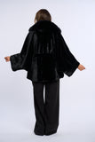 Palton alcantara stil fluture cu blana de vulpe, negru cu vulpe neagra